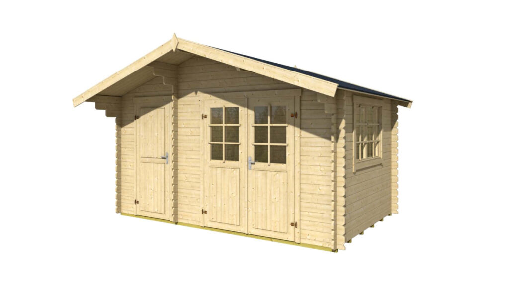 Dřevěná zahradní chatka Keila-Wynand 28/34 s dvojitými dveřmi, okny a šedavým nátěrem na bílém pozadí.