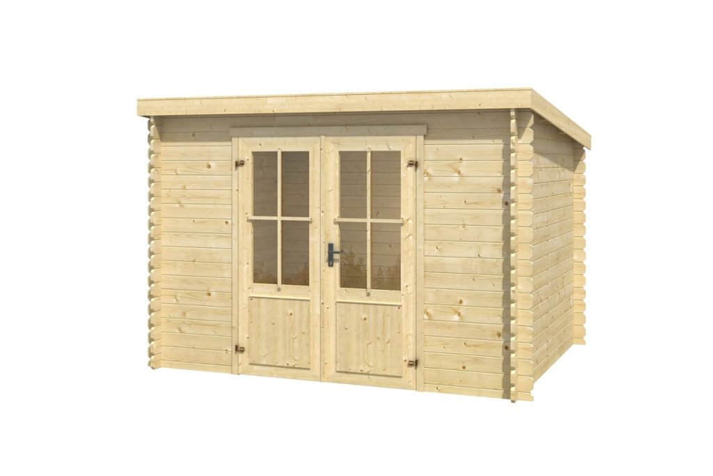 Zahradní domek Atlanta s pultovou střechou a prosklenými dveřmi v přírodním dřevě