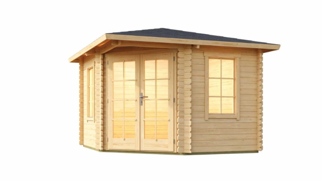 Dřevěná zahradní chatka Aruba 1 s valbovou střechou a prosklenými dveřmi