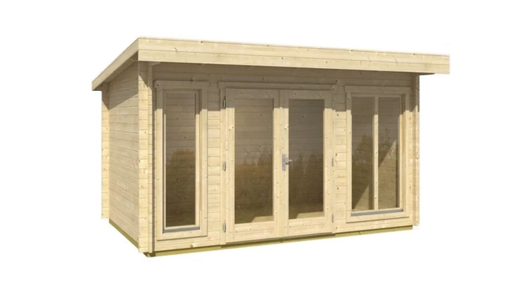 Zahradní chatka Cambridge 28 s rovnou střechou a velkými prosklenými dveřmi