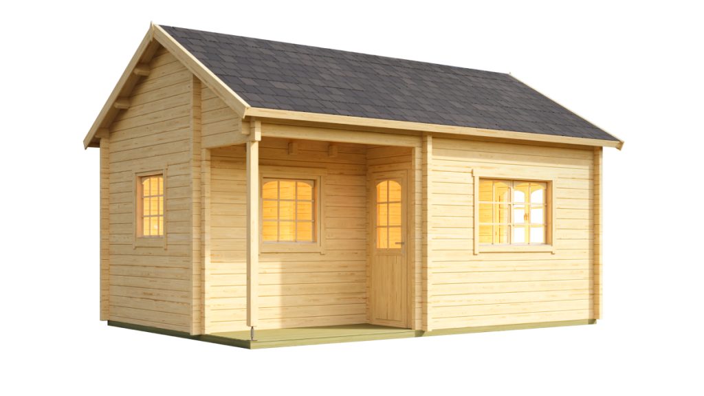 Zahradní dřevěný domek Tahiti 70 s dřevěným obložením, tmavou střechou a okny s osvětlením