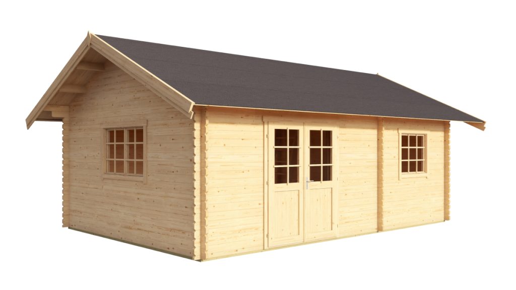 Dřevěný zahradní domek Caroline z masivního světlého dřeva se šedou střechou a dvojitými dveřmi