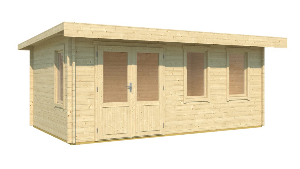 ** Dřevěná zahradní chatka Baruda 53 se světlou barvou, pultovou střechou a částečně zasklený