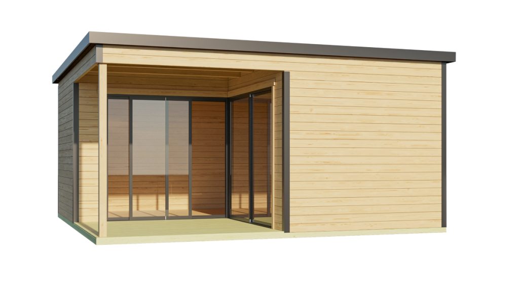 Moderní zahradní domek CUBE DOMEO 6V2 s dřevěným obložením, posuvnými dveřmi a prosklením