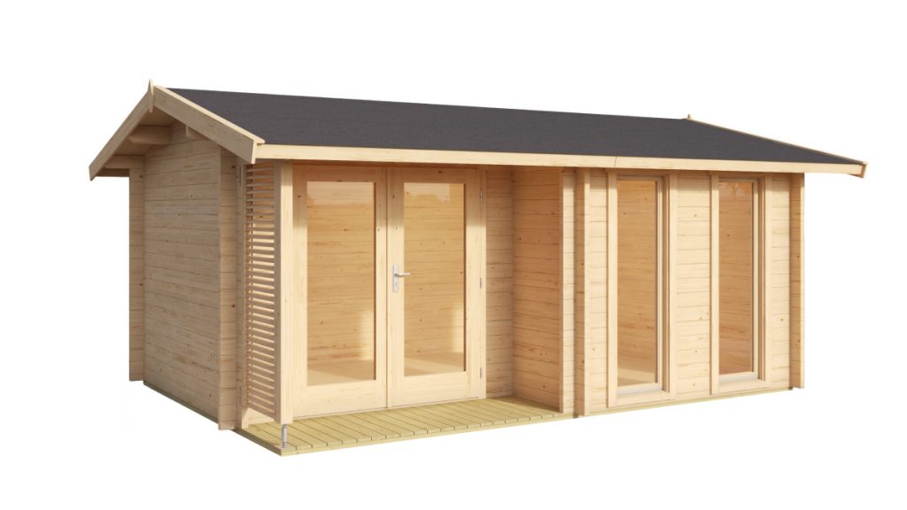 Dřevěná chatka Hampshire s panoramatickými okny, světlým dřevem a tmavou střechou, pohled z přední strany.