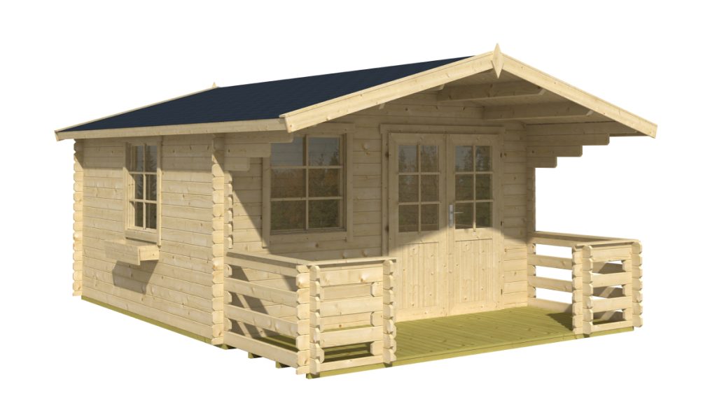 Moderní zahradní domek Luna 2 s pultovou střechou, prosklenými dveřmi a integrovanou boční terasou