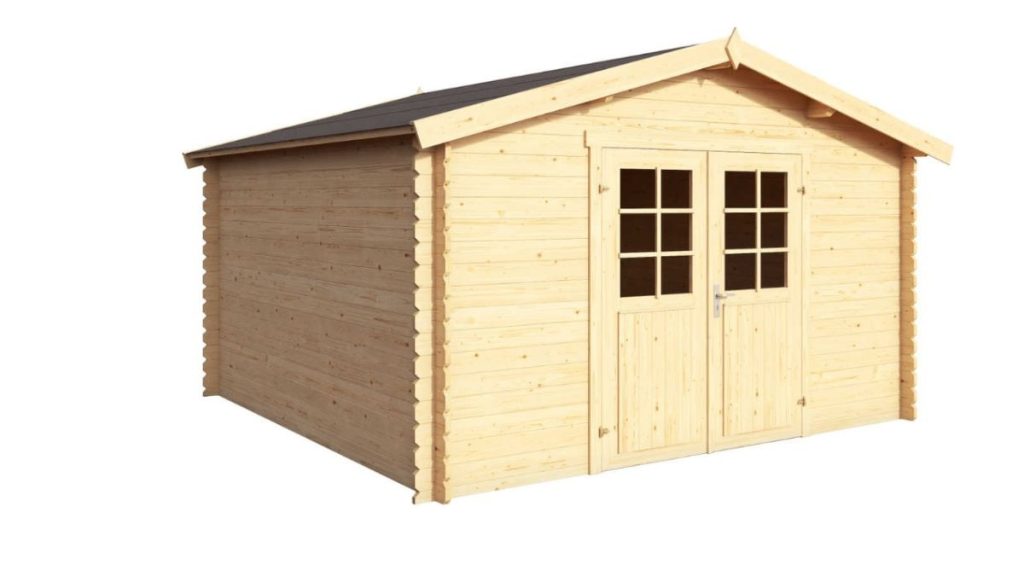 Zahradní domek Danthos 28 se sedlovou střechou a prosklenými dvoukřídlými dveřmi