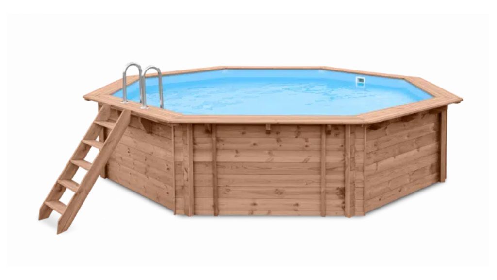 Osmiboký nadzemní dřevěný bazén Hawaii s dřevěným schodištěm a modrou fólií