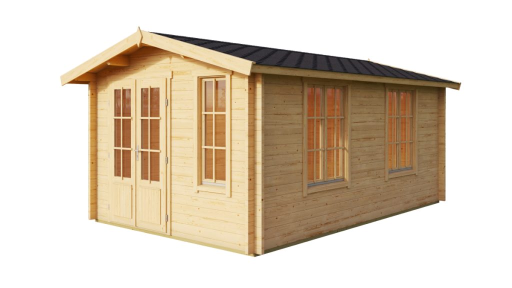 Dřevěný zahradní domek Alexandra s dvoukřídlými dveřmi, třemi okny a černou střechou
