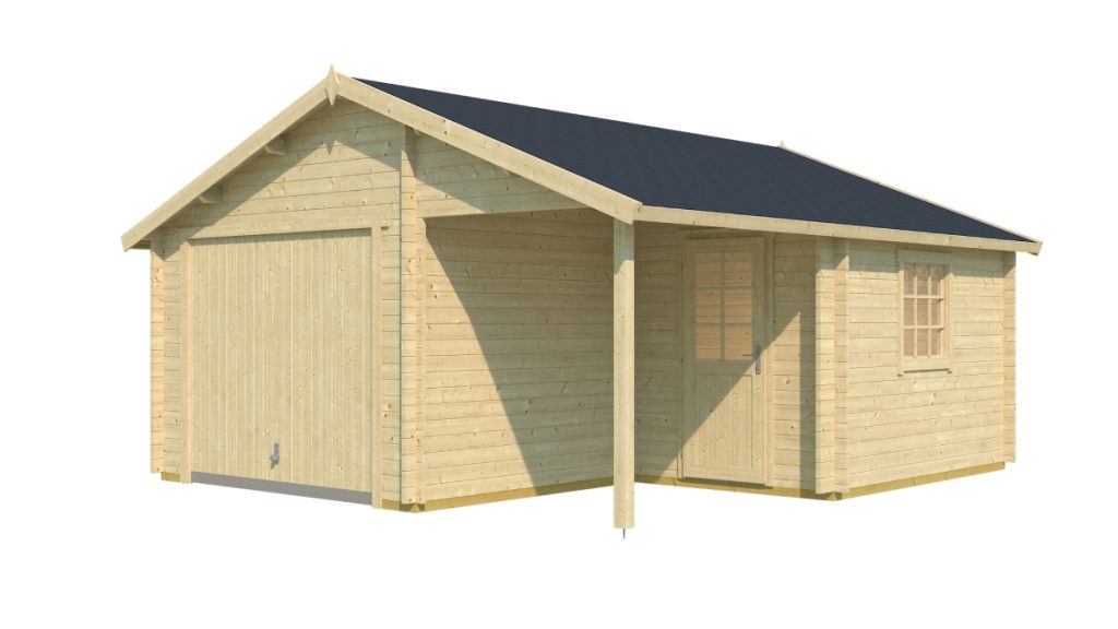 Dřevěná garáž Nevis ze světlého dřeva s přístřeškem a okny