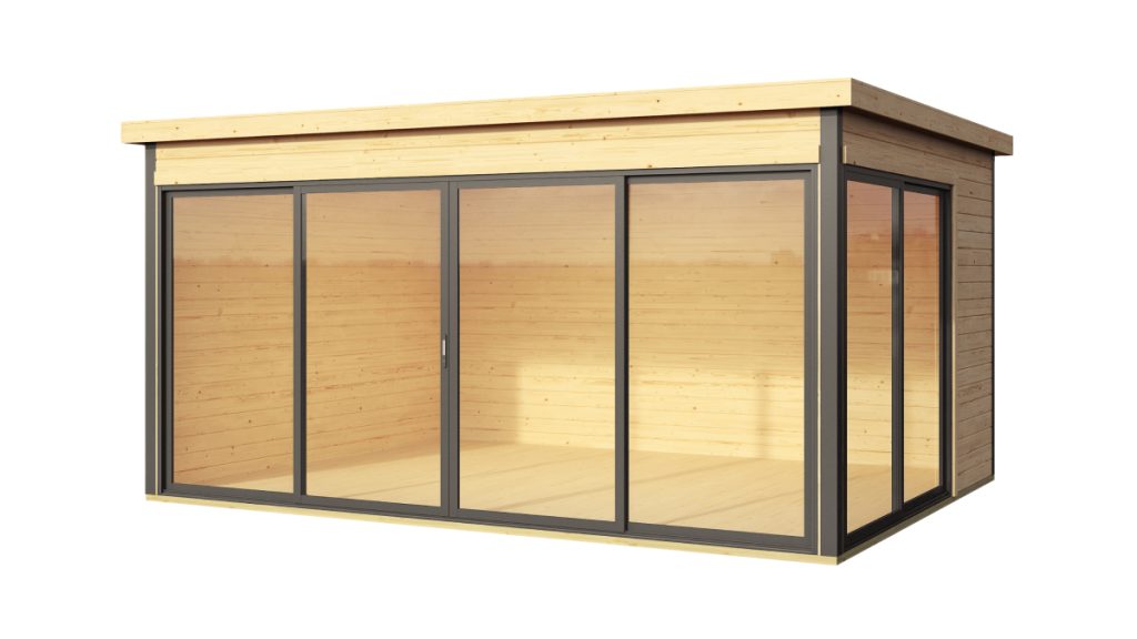 Moderní dřevěný zahradní domek Domeo 4 se skleněnými dveřmi a okny, přírodní barva