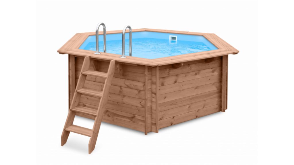** Dřevěný zahradní bazén S-JOY ze světlého dřeva se žebříkem a modrou vnitřní membránou