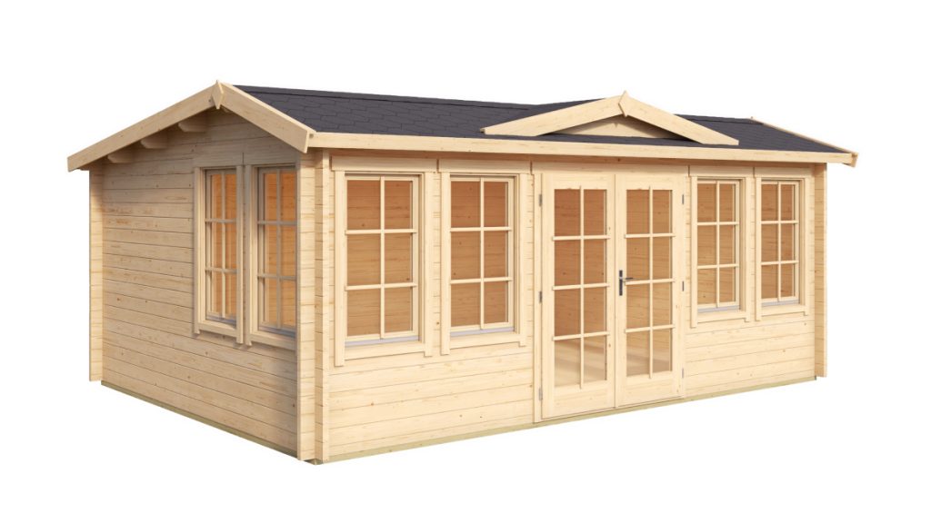 Dřevěný zahradní domek Balmoral se světlým dřevem, velkými okny a tmavou střechou