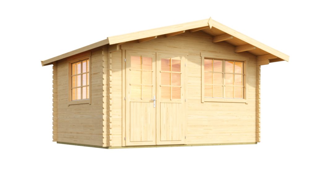 Dřevěný zahradní domek Norderney 2 a 3 s dvojitými dveřmi a velkými okny, pohled z přední strany