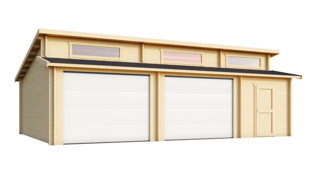 Dřevěná dvojgaráž Hawaii v krémové barvě se dvěma garážovými vraty a vstupními dveřmi
