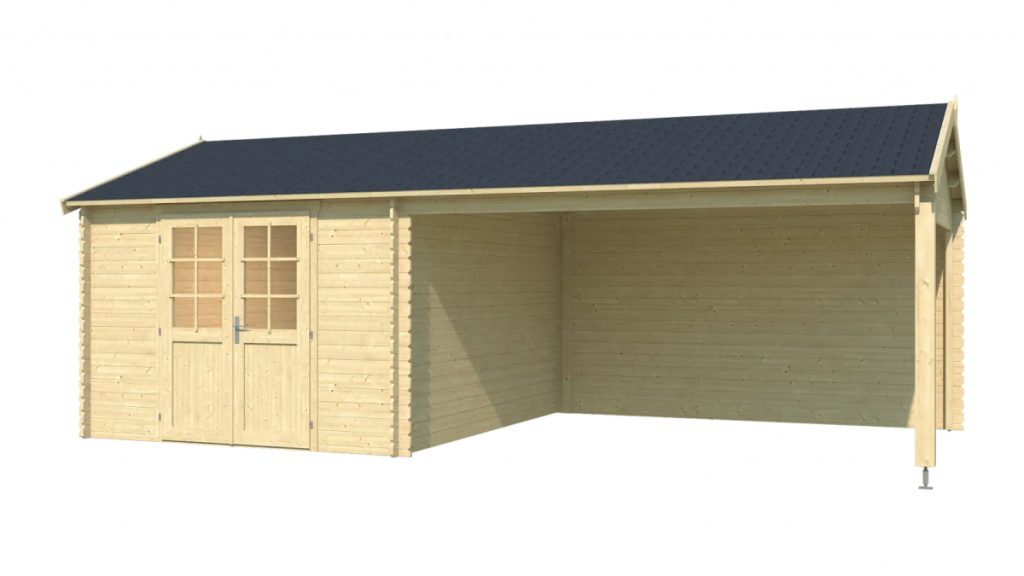 Dřevěná zahradní chatka El Paso s přístřeškem, dvěma dveřmi s okny a černou střechou