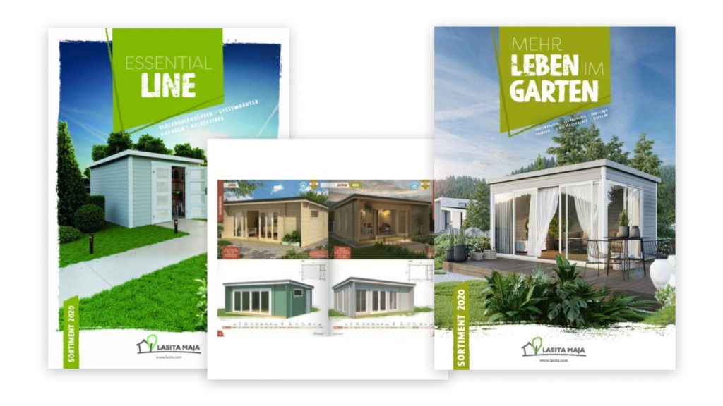 Katalog zahradních chatek PDF zobrazující tři brožury se zahradními domky Essential Line a Leben im Garten od firmy Lasita Maja.