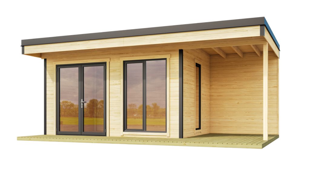 Moderní zahradní dřevěný domek CUBE DOMEO 7 se sklolaminátovými dveřmi, přístřeškem a dřevěnou terasou