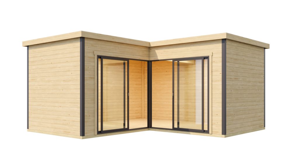 Luxusní zahradní domeček CUBE DOMEO 6 ze světlého dřeva s velkými okny a tmavými rámy, moderní designem vhodný pro zahradu.