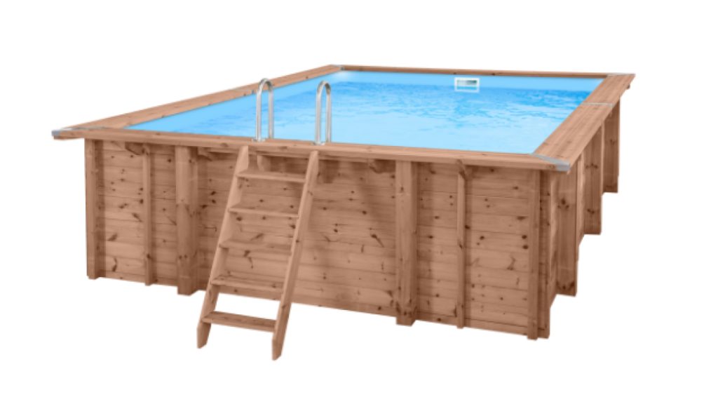 Vizualizace obdélníkového dřevěného bazénu Oáza s nerezovým žebříkem na bílém pozadí