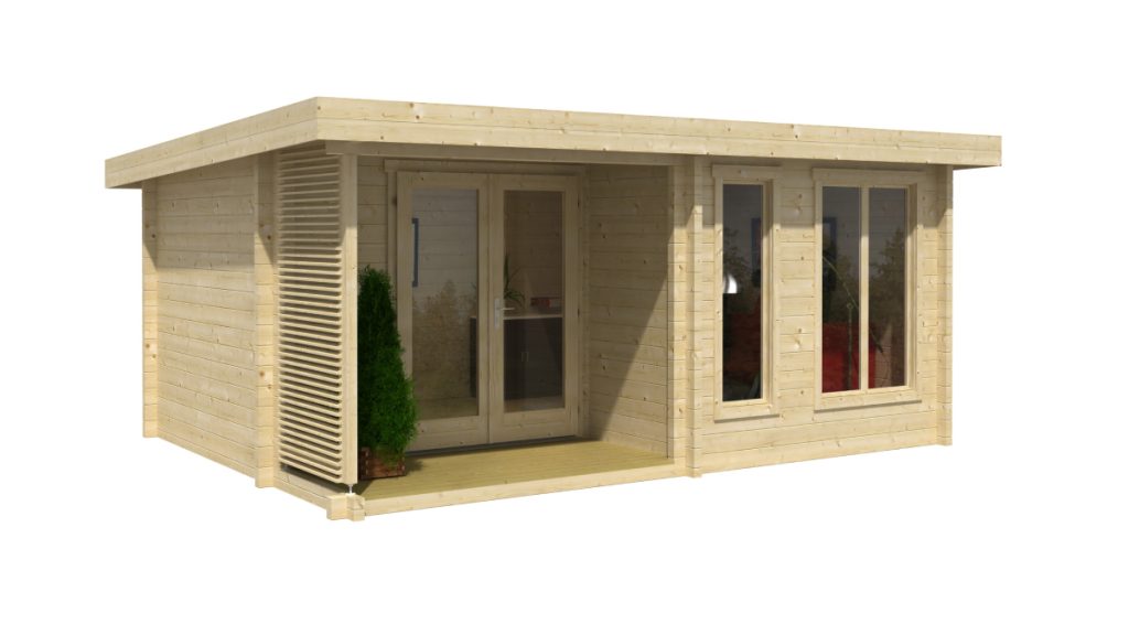 Luxusní zahradní domek Orkney se světlým dřevěným obkladem, terasou a velkými okny, pohled ze strany.