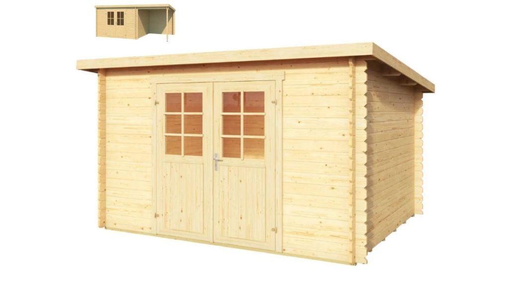 Dřevěná zahradní chatka Maltez s pultovou střechou a bočním přístřeškem na nářadí