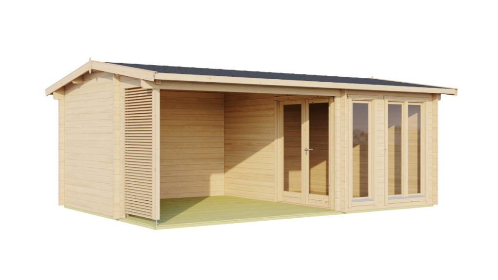 Moderní dřevěná zahradní chatka Torquay 44 s altánkem, velkými okny a otevřenou terasou, postavená z přírodního dřeva.