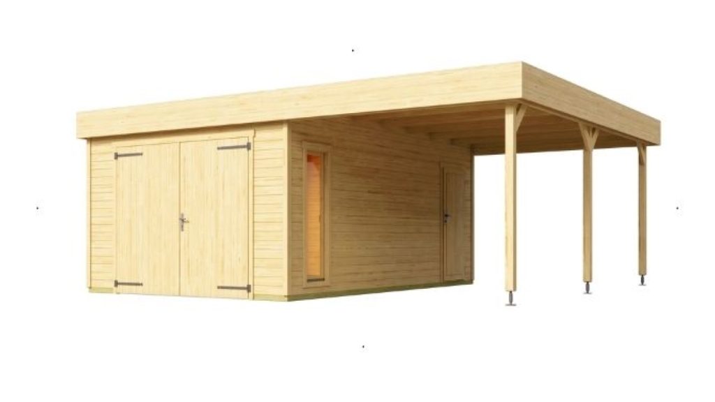 ** Moderní dřevěný zahradní domek s garáží a přístřeškem, přírodní barva