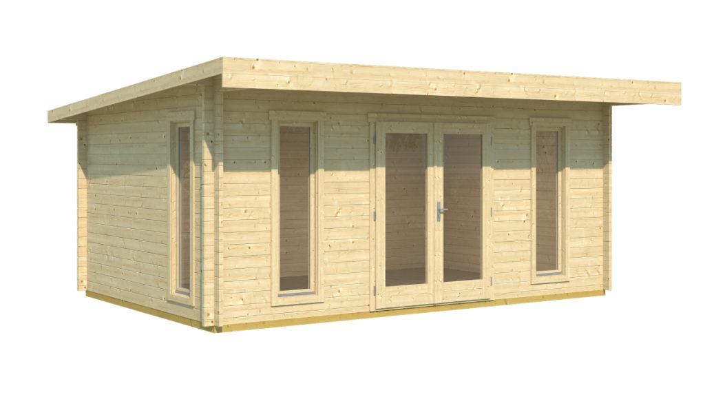 Moderní dřevěný zahradní domek Barbados 2 v přírodní barvě se skleněnými dveřmi a okny