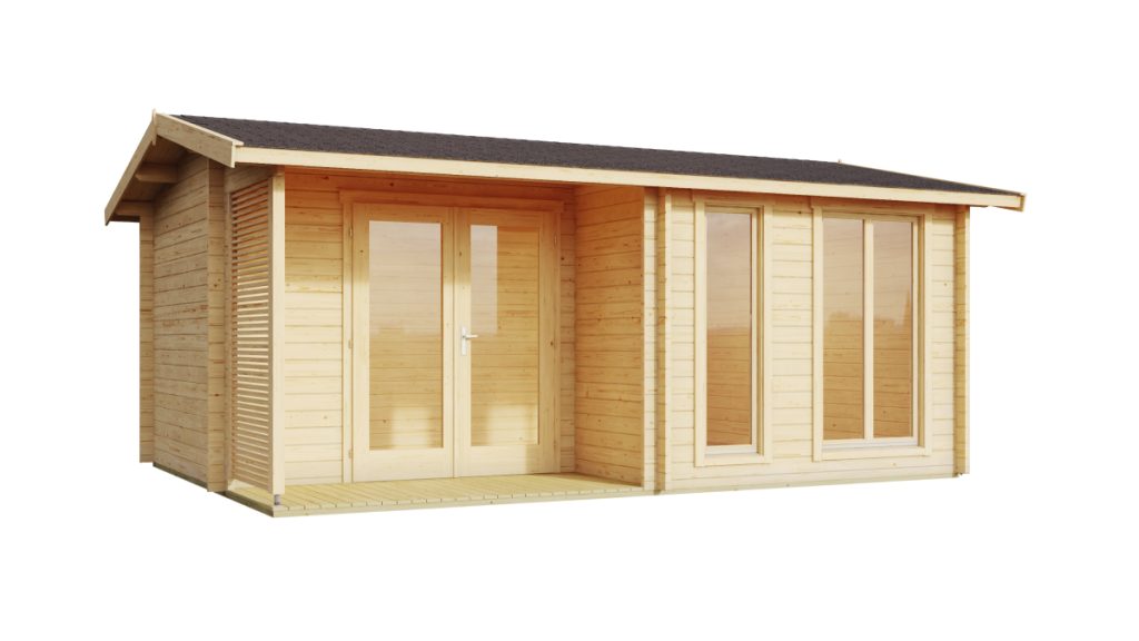 Moderní dřevěný zahradní domek Brighton 44 z přírodního dřeva s velkými okny a terasou