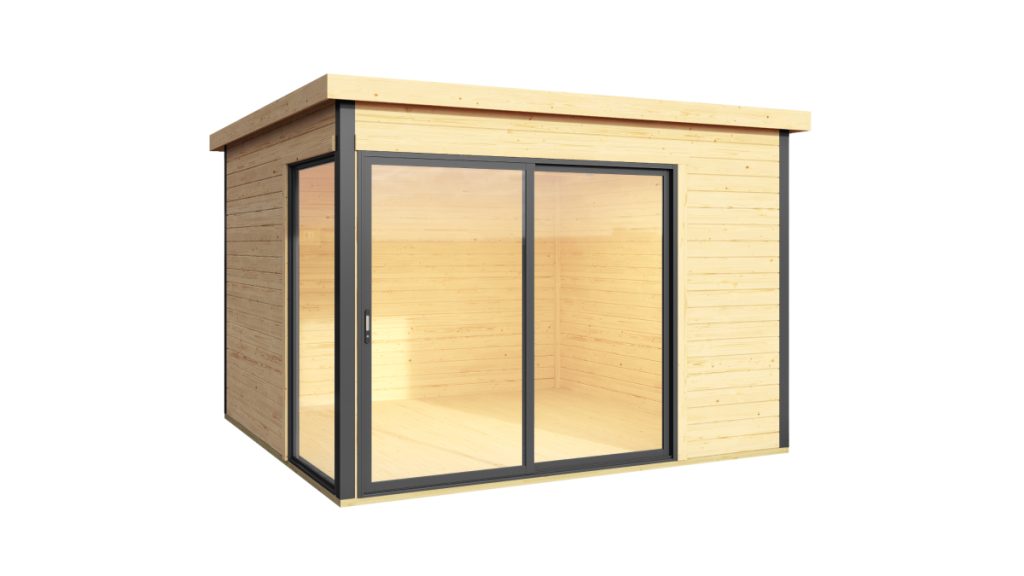 ** Moderní dřevěný zahradní domek DOMEO 1 ze světlého dřeva s velkými skleněnými posuvnými dveřmi
