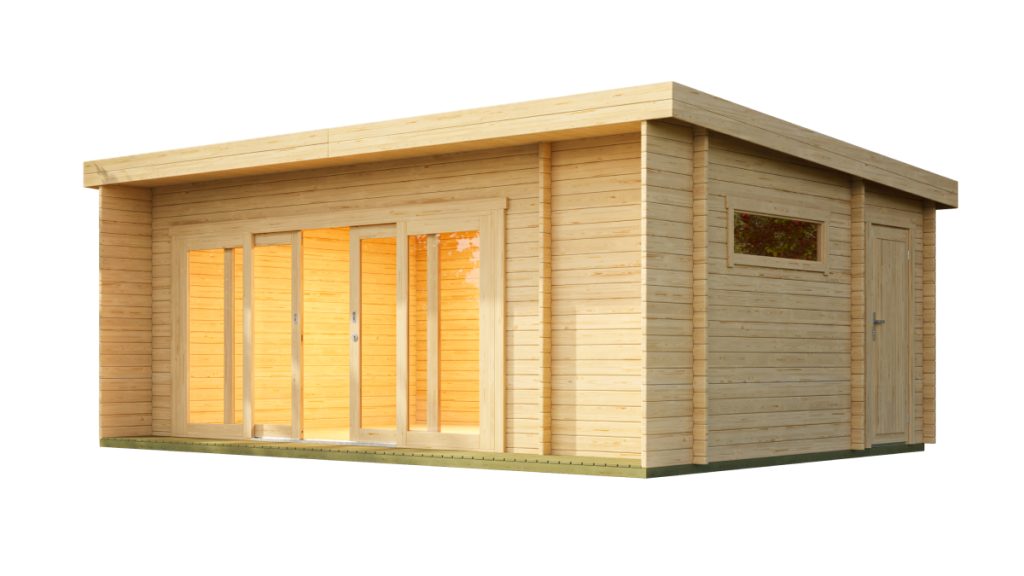 Moderní zahradní stavba Java 44 s dřevěným obložením, velkými prosklennými dveřmi a bočním vchodem