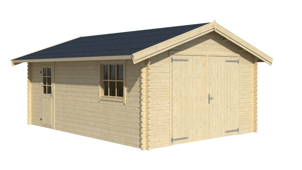 **Dřevěná montovaná garáž Yarik 540 s černou střechou, dvoukřídlými dveřmi a oknem.**