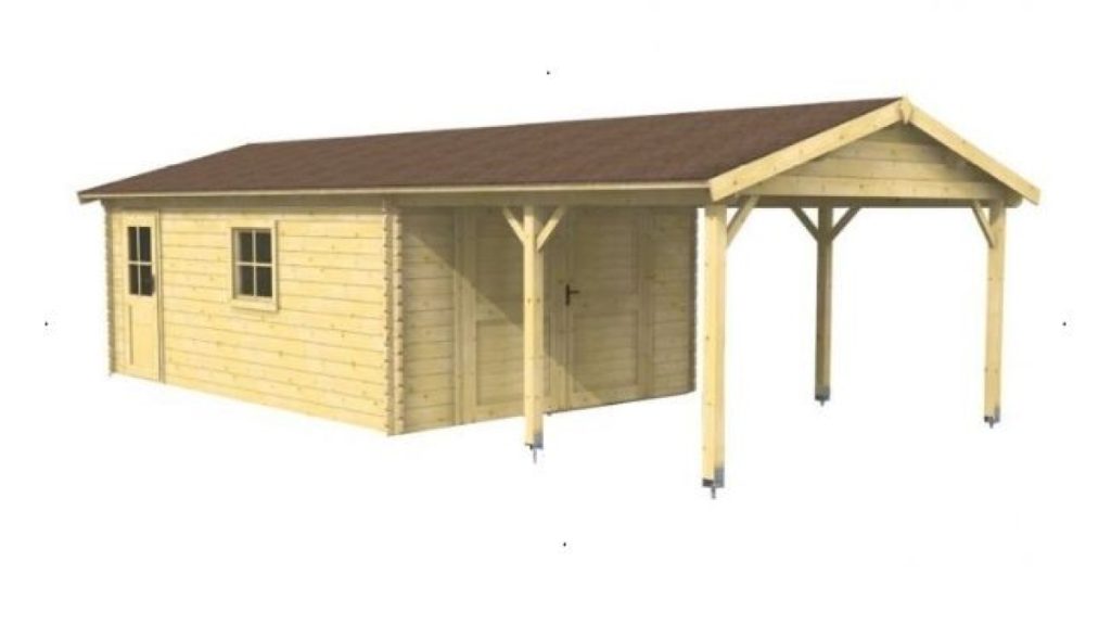 Montovaná garáž Thomas s přístřeškem - dřevěná garáž se světlou barvou a otevřeným přístřeškem zboku