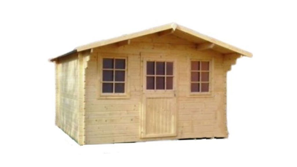 Montovaný zahradní domek MASTR ze dřeva s třemi okny a dveřmi, pohled z boku.