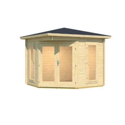Dřevěný zahradní domek Aruba S s valbovou střechou, prosklovanými dveřmi a okny, přírodní barva