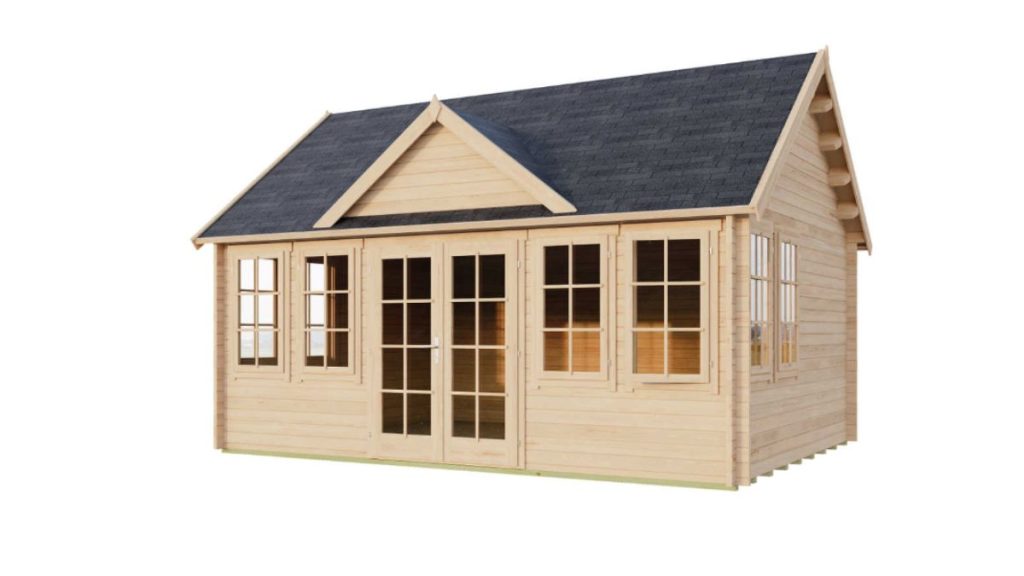 Rekreační zahradní stavba Bermuda XL ze dřeva s velkými okny a sedlovou střechou