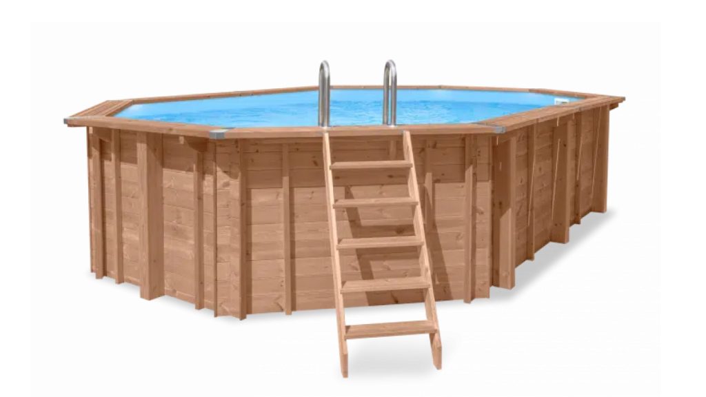 Obdélníkový nadzemní dřevěný bazén Sea-B s dřevěným žebříkem a nerezovými schůdky