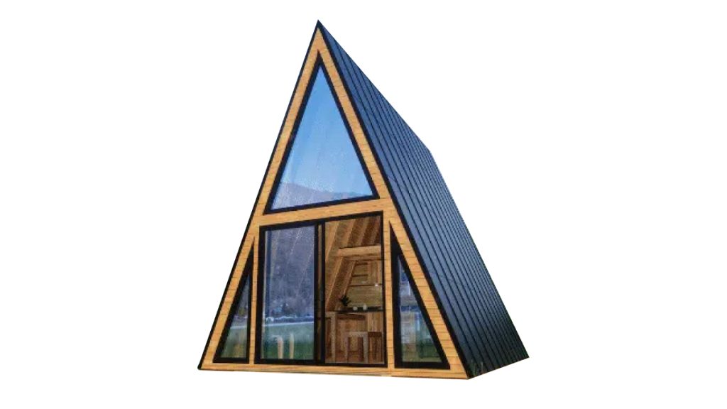 Zahradní chatka ve tvaru pyramidy A FRAME SUMA 6x4 metrů se skleněnými okny, dřevěným rámem a tmavou střechou