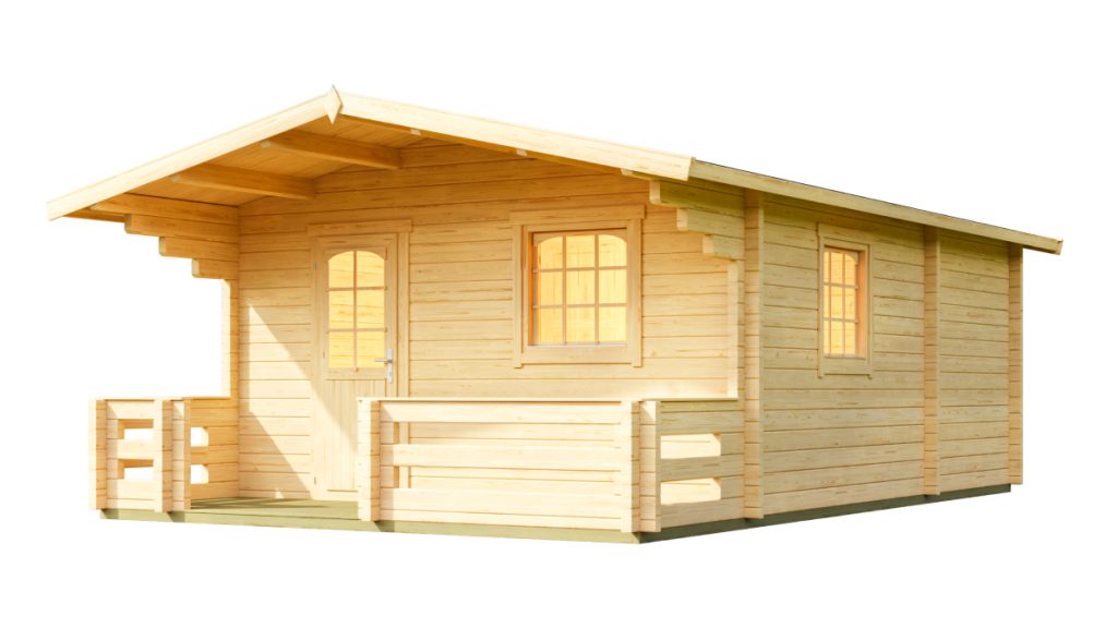 Dřevěný rekreační domek Elba 44/70 ze světlého dřeva se střešním převisem, okny a terasou