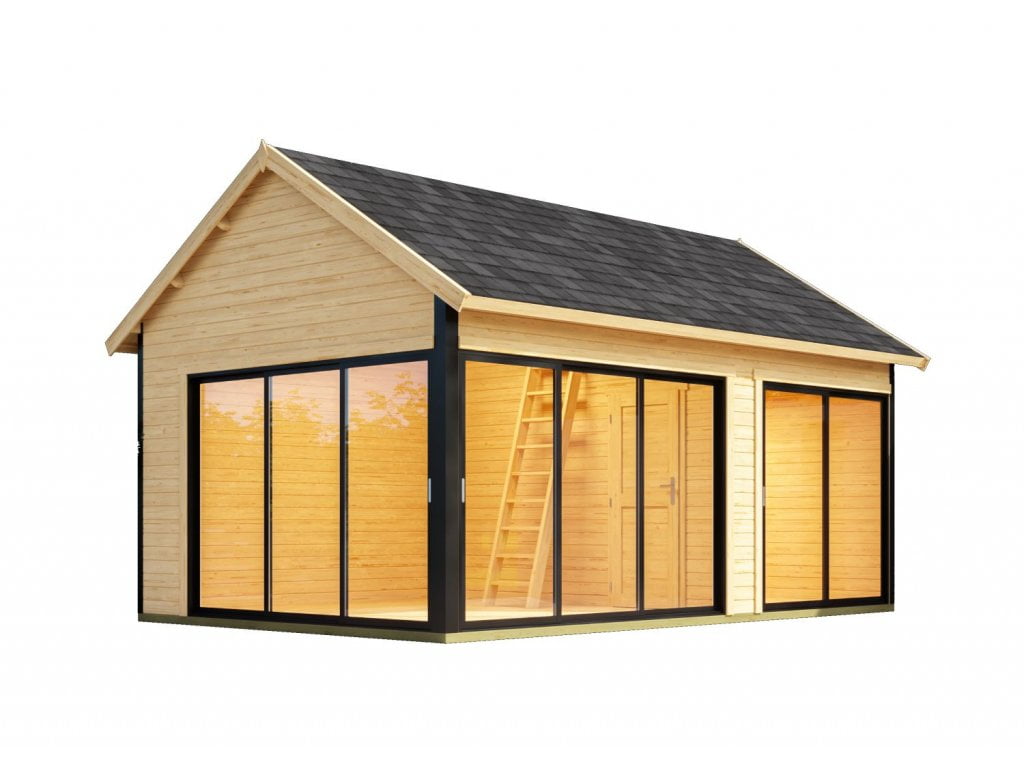 Rekreační chata ateliér Murano 3 s dřevěnou konstrukcí, černými rámy oken a šedou střechou.