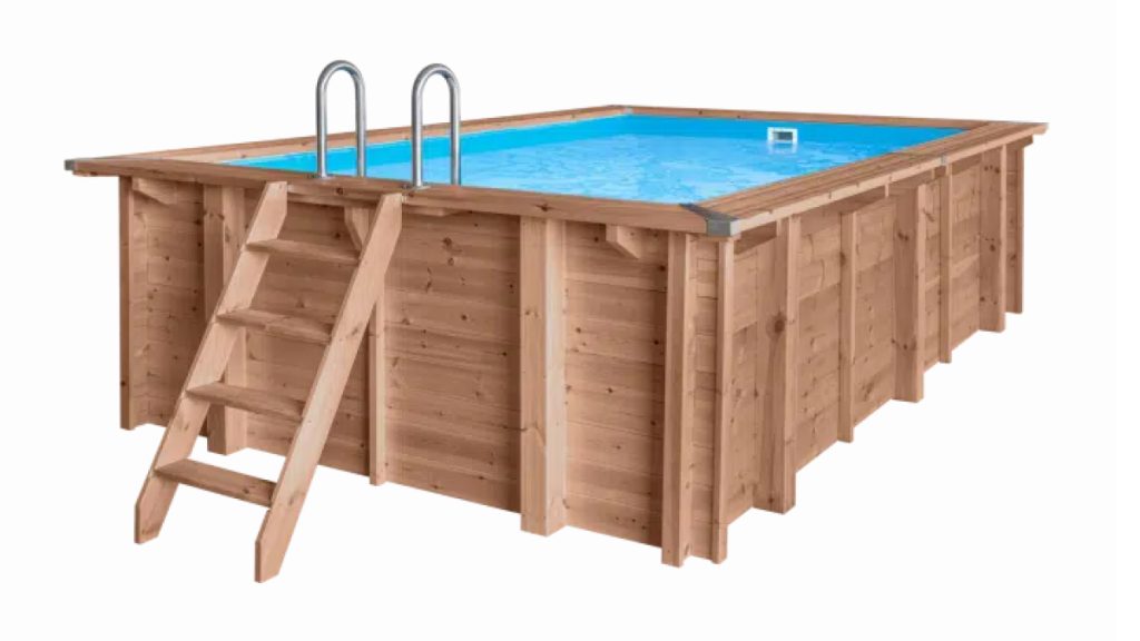 Dřevěný obdélníkový zahradní bazén Amber s modrou fólií a žebříkem