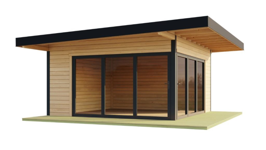 Moderní zahradní kancelář DOMEO 9 ze dřeva s velkými prosklenými stěnami