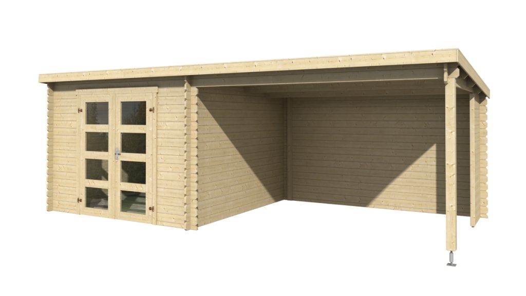 Zahradní chata s terasou Novia 275 Plus s pultovou střechou a osmi tabulkovým prosklením dveří