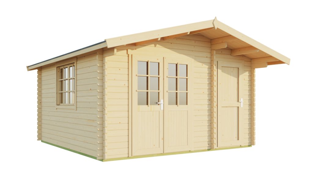 Dřevěná zahradní chatka Borkum 5 s prosklenými dvoukřídlými dveřmi a širokým oknem