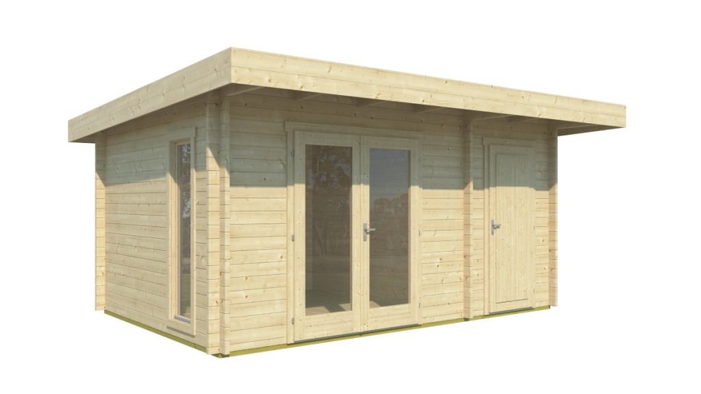 Dřevěný zahradní domek Chameleon 44 ze světlého dřeva s panoramatickými okny a terasou