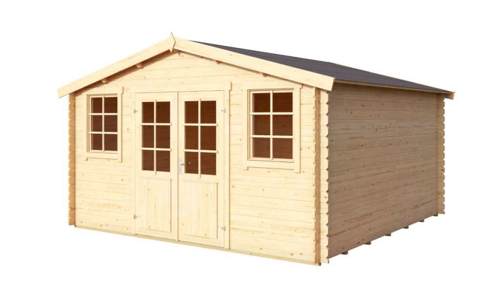 Prostorná zahradní chatka Wels se sedlovou střechou, dvoukřídlými prosklenými dveřmi a bočním oknem