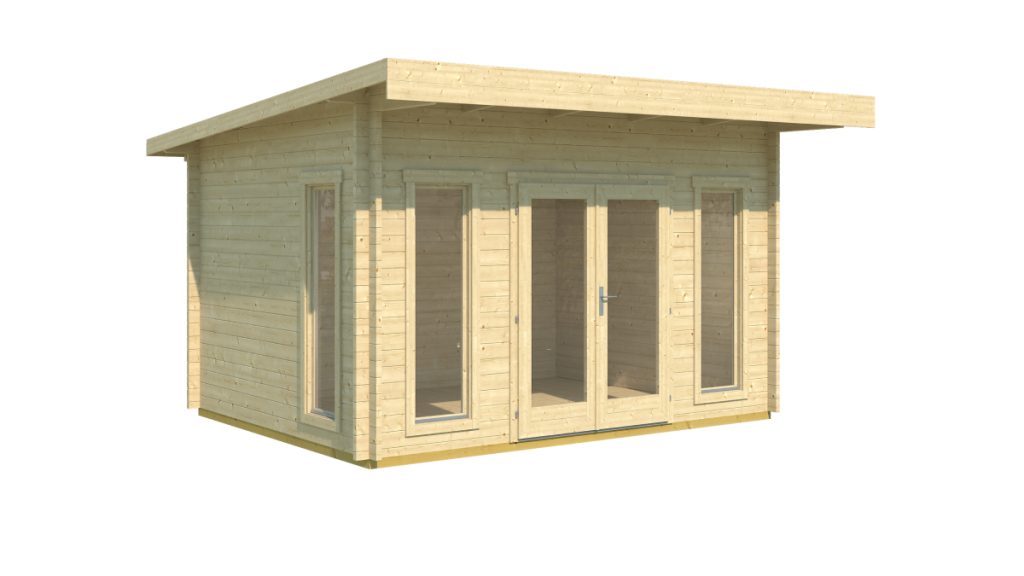 Zahradní domek Barbados 3 s pultovou střechou, dřevěný, s velkými prosklennými dveřmi, pohled zepředu