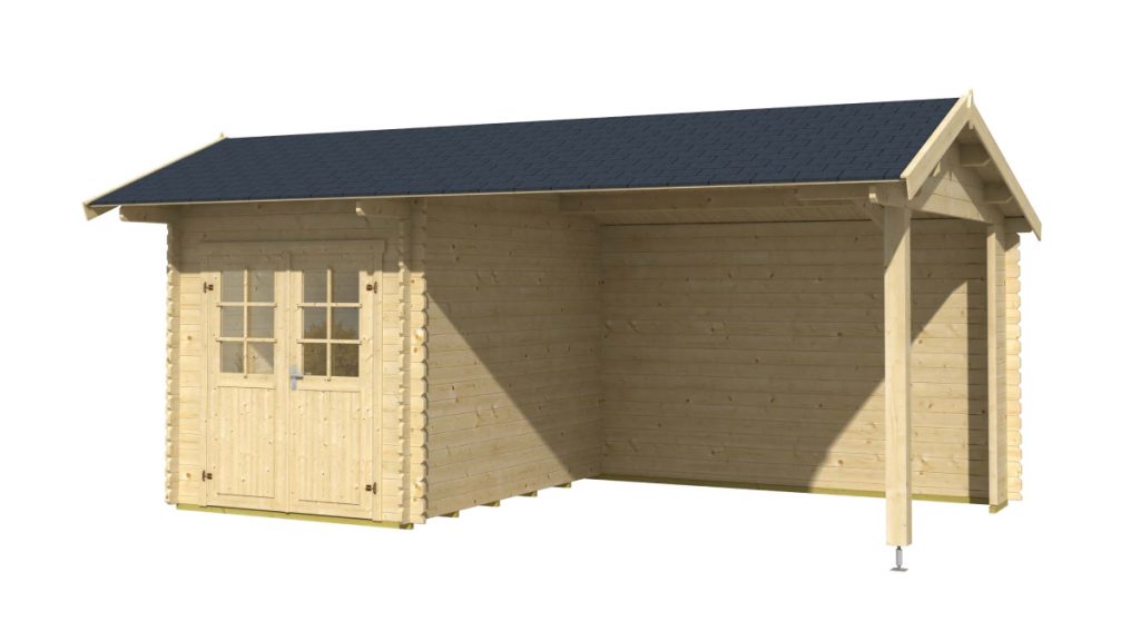 Dřevěný zahradní domek Kenzo 300 ze světlého dřeva s přístřeškem