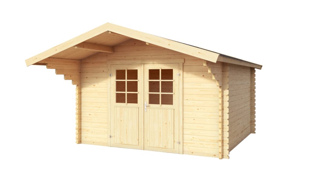 ** Dřevěný zahradní domek z masivního dřeva v přírodní barvě se sedlovou střechou, dvojitými dveřmi a okny.